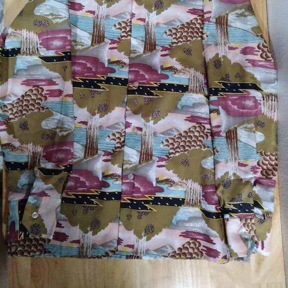 Vintage Bud Berma Psychedelic Landscape Pattern Polyester Disco Shirt - Picture 3 of 7